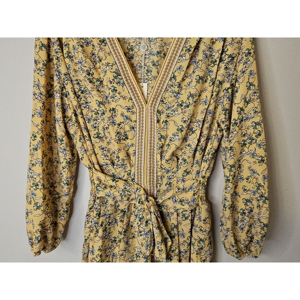 Max Studio Blouse Women M Boho Yellow Floral Peplum Tie Smocked Waist Vneck